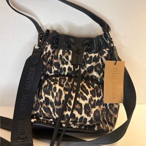 Steve Madden Leopard-Print Drawstring Crossbody - Black/Tan/Cream